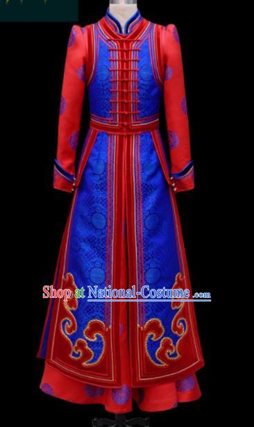 Traditional Chinese Mongol Ethnic Bride Royalblue Dress Mongolian Minority Folk Dance Embroidered Costume for Women