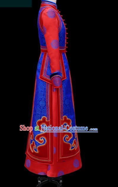 Traditional Chinese Mongol Ethnic Bride Royalblue Dress Mongolian Minority Folk Dance Embroidered Costume for Women