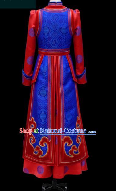 Traditional Chinese Mongol Ethnic Bride Royalblue Dress Mongolian Minority Folk Dance Embroidered Costume for Women