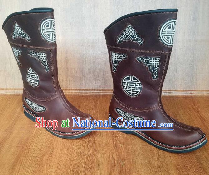 Traditional Chinese Mongol Ethnic Brown Leather Boots Mongolian Minority Folk Dance Handmade Shoes for Men