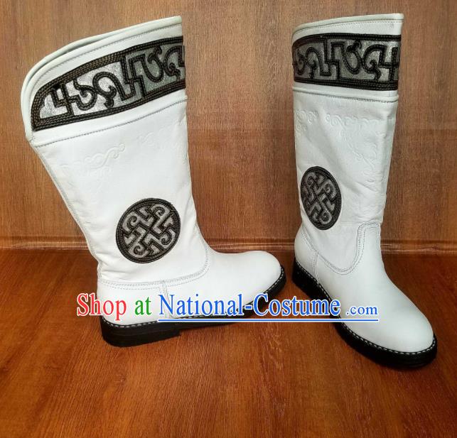 Traditional Chinese Mongol Ethnic Embroidered White Leather Boots Mongolian Minority Folk Dance Handmade Shoes for Men