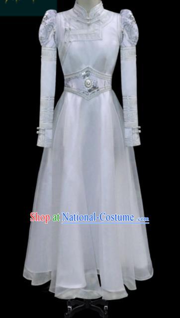 Traditional Chinese Mongol Ethnic Bride White Dress Mongolian Minority Folk Dance Embroidered Costume for Women