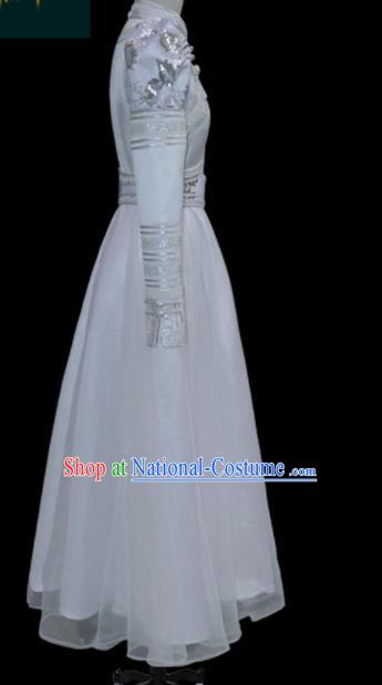 Traditional Chinese Mongol Ethnic Bride White Dress Mongolian Minority Folk Dance Embroidered Costume for Women