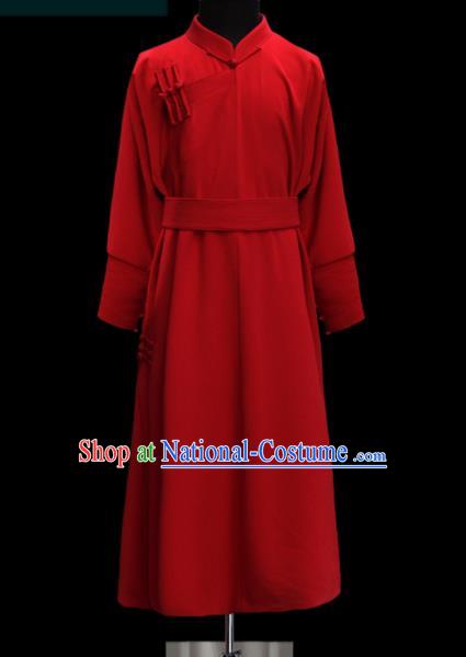 Chinese Traditional Mongol Ethnic Wedding Red Robe Mongolian Minority Folk Dance Costume for Men