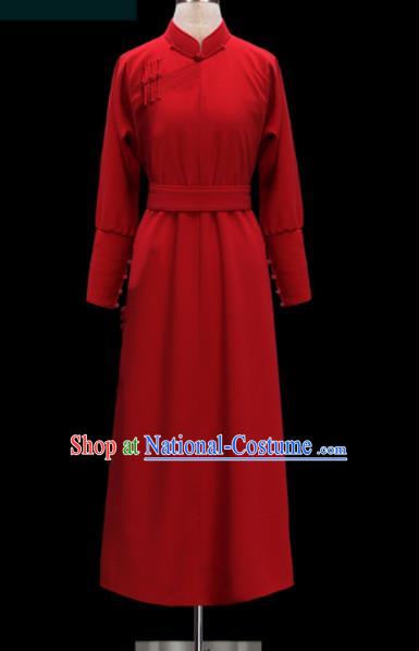 Traditional Chinese Mongol Ethnic Wedding Red Dress Mongolian Minority Folk Dance Embroidered Costume for Women