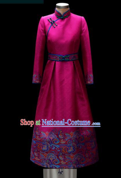 Traditional Chinese Mongol Ethnic Wedding Rosy Dress Mongolian Minority Folk Dance Embroidered Costume for Women