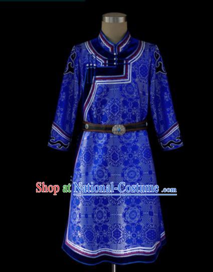 Chinese Traditional Mongol Ethnic Royalblue Dress Mongolian Minority Folk Dance Clothing for Kids