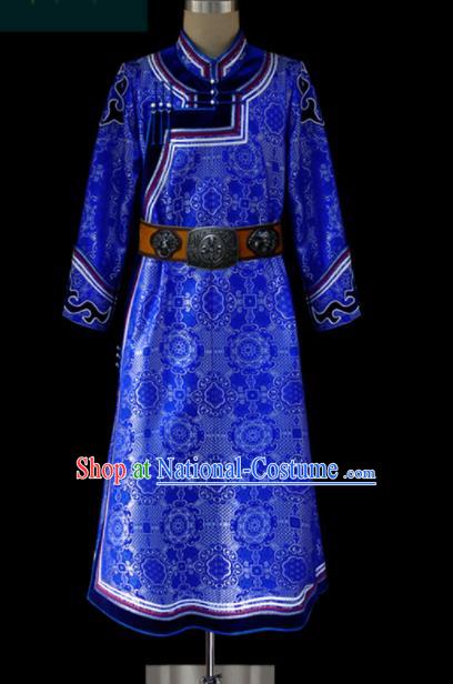 Chinese Traditional Mongol Ethnic Wedding Royalblue Robe Mongolian Minority Folk Dance Costume for Men