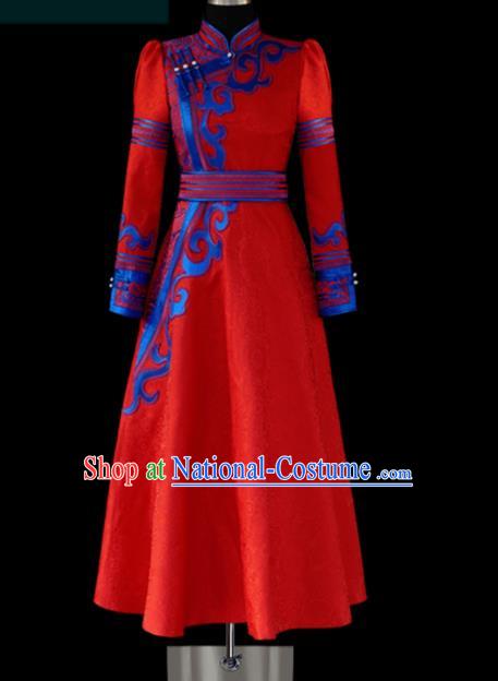 Traditional Chinese Mongol Ethnic Wedding Red Dress Mongolian Minority Folk Dance Embroidered Costume for Women