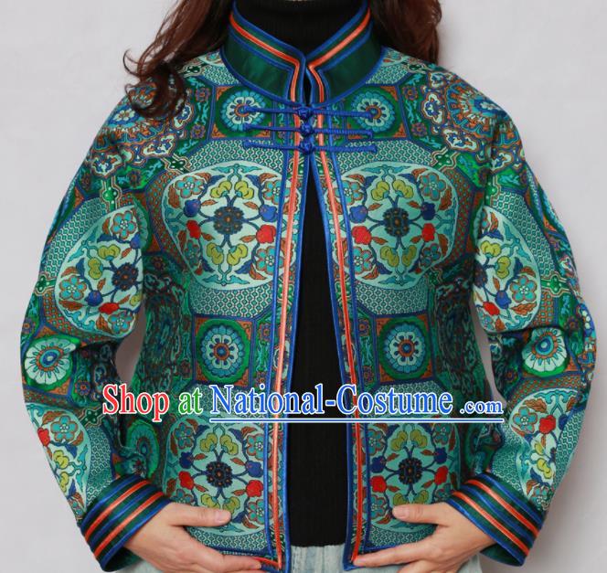 Traditional Chinese Mongol Ethnic Green Cotton Wadded Jacket Mongolian Minority Folk Dance Costume for Women