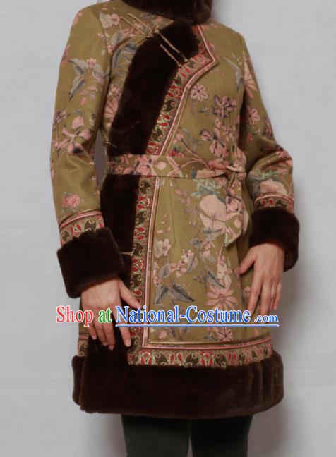 Traditional Chinese Mongol Ethnic Olive Green Cotton Wadded Jacket Mongolian Minority Folk Dance Costume for Women