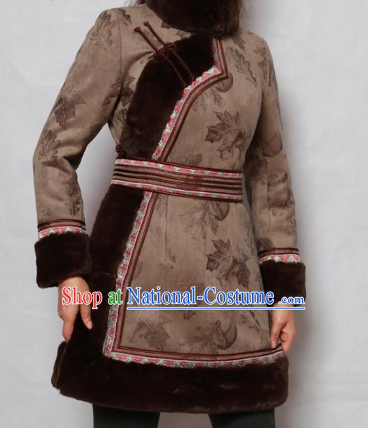 Traditional Chinese Mongol Ethnic Brown Cotton Wadded Jacket Mongolian Minority Folk Dance Costume for Women