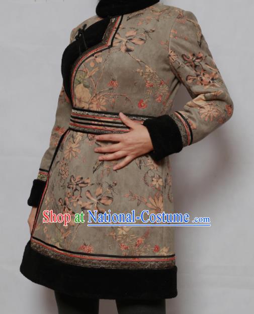 Traditional Chinese Mongol Ethnic Grey Cotton Wadded Jacket Mongolian Minority Folk Dance Costume for Women