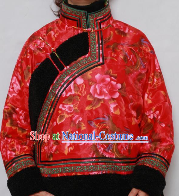 Traditional Chinese Mongol Ethnic Red Cotton Wadded Jacket Mongolian Minority Folk Dance Costume for Women