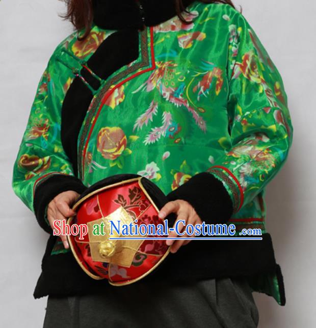 Traditional Chinese Mongol Ethnic Printing Green Cotton Wadded Jacket Mongolian Minority Folk Dance Costume for Women