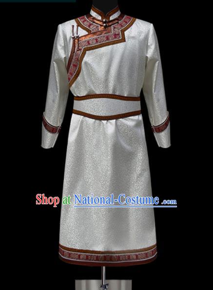 Chinese Traditional Mongol Ethnic Wedding White Robe Mongolian Minority Folk Dance Costume for Men