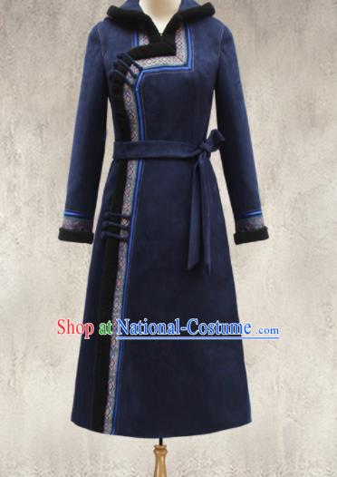 Traditional Chinese Mongol Ethnic Navy Cotton Wadded Coat Mongolian Minority Folk Dance Costume for Women