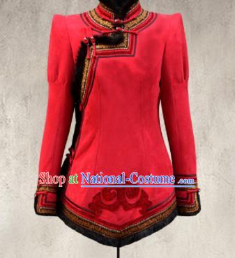 Traditional Chinese Mongol Ethnic Red Suede Cotton Wadded Jacket Mongolian Minority Folk Dance Costume for Women