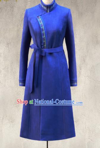 Traditional Chinese Mongol Ethnic Royalblue Suede Coat Mongolian Minority Folk Dance Costume for Women