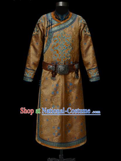 Chinese Traditional Mongol Ethnic National Ginger Robe Mongolian Minority Folk Dance Costume for Men