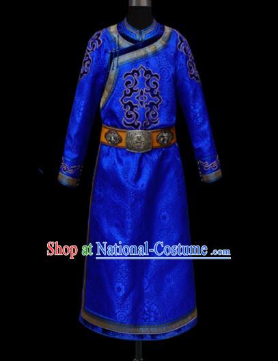 Chinese Traditional Mongol Ethnic National Royalblue Robe Mongolian Minority Folk Dance Costume for Men