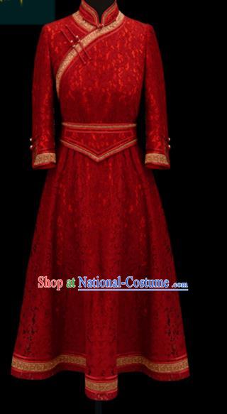 Traditional Chinese Mongol Ethnic Red Lace Dress Mongolian Minority Folk Dance Embroidered Costume for Women