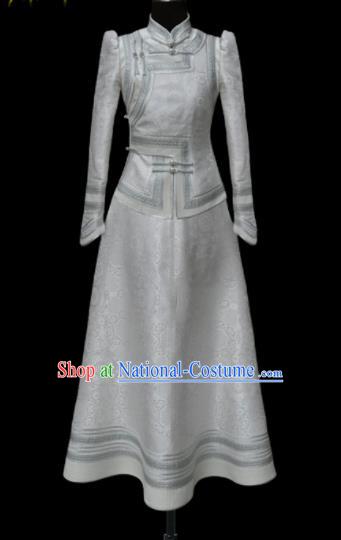 Traditional Chinese Mongol Ethnic Wedding White Dress Mongolian Minority Folk Dance Costume for Women