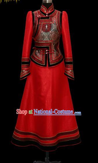 Traditional Chinese Mongol Ethnic Wedding Red Dress Mongolian Minority Folk Dance Costume for Women