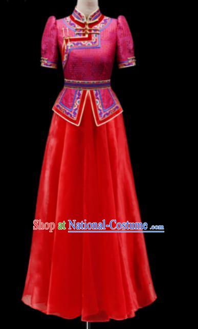 Traditional Chinese Mongol Ethnic National Wedding Red Dress Mongolian Minority Folk Dance Costume for Women