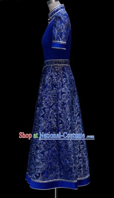 Traditional Chinese Mongol Ethnic National Wedding Royalblue Dress Mongolian Minority Folk Dance Costume for Women