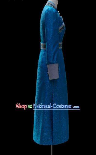 Traditional Chinese Mongol Ethnic National Blue Dress Mongolian Minority Folk Dance Costume for Women