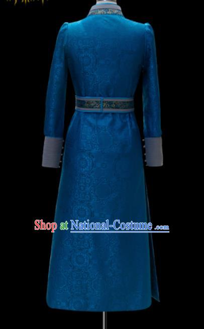 Traditional Chinese Mongol Ethnic National Blue Dress Mongolian Minority Folk Dance Costume for Women