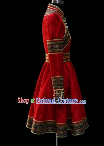 Traditional Chinese Mongol Ethnic National Red Dress Mongolian Minority Folk Dance Costume for Women