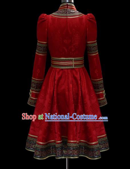 Traditional Chinese Mongol Ethnic National Red Dress Mongolian Minority Folk Dance Costume for Women