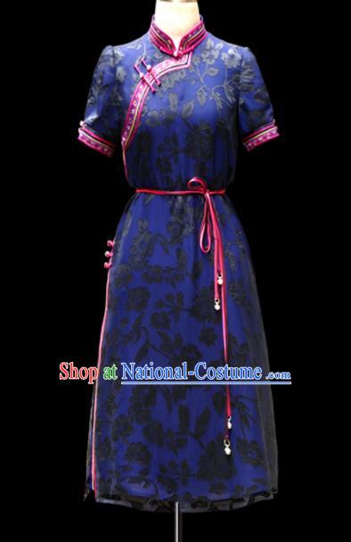 Traditional Chinese Mongol Ethnic National Blue Lace Dress Mongolian Minority Folk Dance Costume for Women