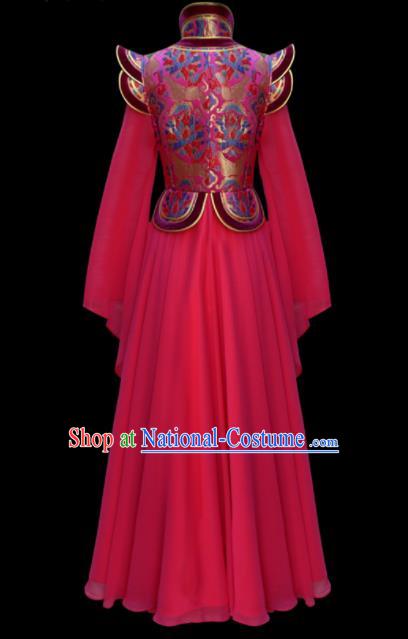 Traditional Chinese Mongol Ethnic National Rosy Brocade Dress Mongolian Minority Folk Dance Costume for Women