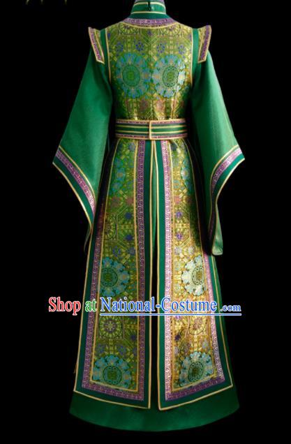 Traditional Chinese Mongol Ethnic National Green Brocade Dress Mongolian Minority Folk Dance Costume for Women