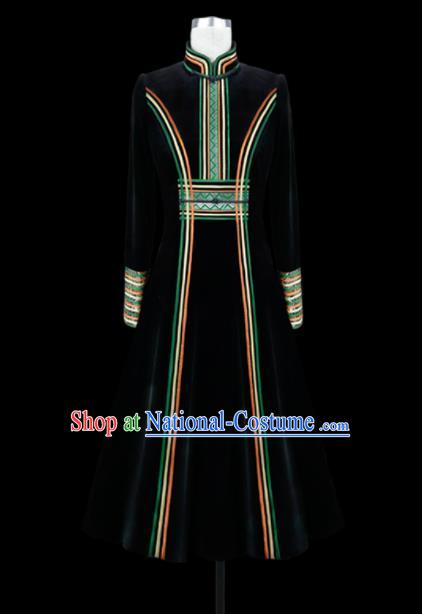 Traditional Chinese Mongol Ethnic National Black Velvet Dress Mongolian Minority Folk Dance Costume for Women