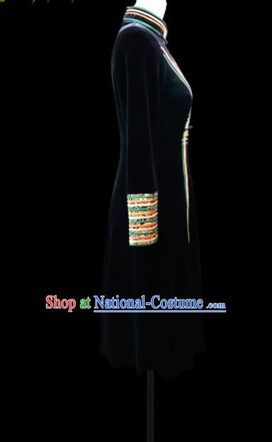 Traditional Chinese Mongol Ethnic National Black Velvet Dress Mongolian Minority Folk Dance Costume for Women