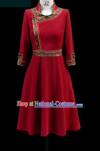 Traditional Chinese Mongol Ethnic Red Dress Mongolian Minority Folk Dance Embroidered Costume for Women