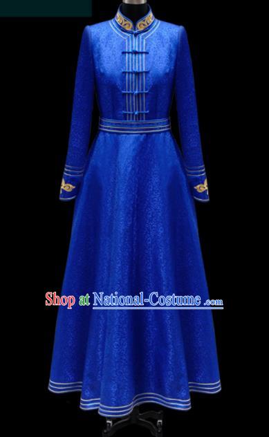 Traditional Chinese Mongol Ethnic Royalblue Dress Mongolian Minority Folk Dance Embroidered Costume for Women