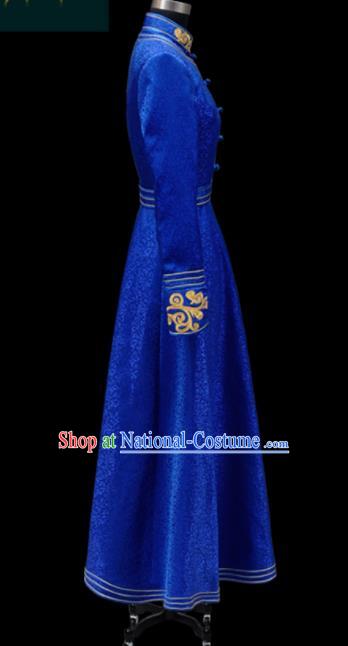 Traditional Chinese Mongol Ethnic Royalblue Dress Mongolian Minority Folk Dance Embroidered Costume for Women