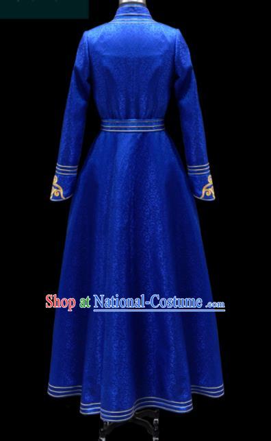 Traditional Chinese Mongol Ethnic Royalblue Dress Mongolian Minority Folk Dance Embroidered Costume for Women