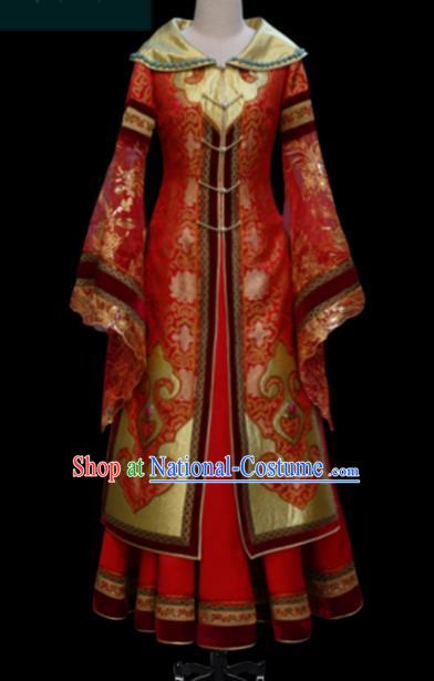 Traditional Chinese Mongol Ethnic Bride Red Dress Mongolian Minority Folk Dance Embroidered Costume for Women