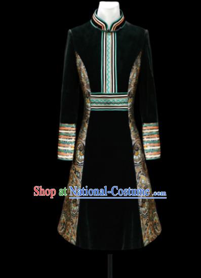 Chinese Traditional Mongol Ethnic National Black Velvet Robe Mongolian Minority Folk Dance Costume for Men