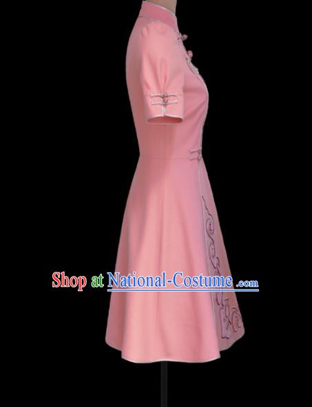 Traditional Chinese Mongol Ethnic National Pink Short Dress Mongolian Minority Folk Dance Costume for Women