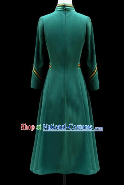 Traditional Chinese Mongol Ethnic National Deep Green Lace Dress Mongolian Minority Folk Dance Costume for Women