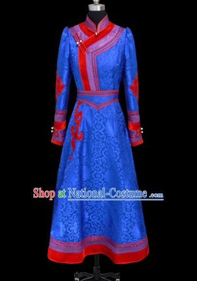 Traditional Chinese Mongol Ethnic National Royalblue Brocade Dress Mongolian Minority Folk Dance Costume for Women