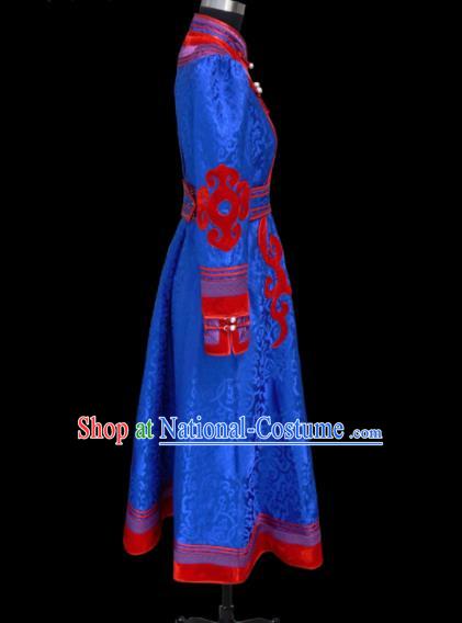 Traditional Chinese Mongol Ethnic National Royalblue Brocade Dress Mongolian Minority Folk Dance Costume for Women