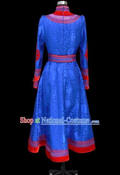 Traditional Chinese Mongol Ethnic National Royalblue Brocade Dress Mongolian Minority Folk Dance Costume for Women